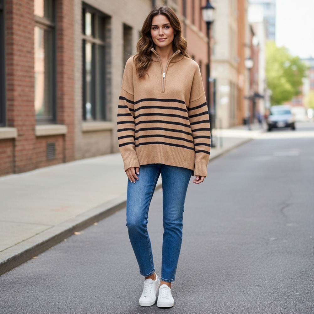 DKNY Womens XL Brown Striped Quarter Zip Turtleneck Sweater Pullover NWT